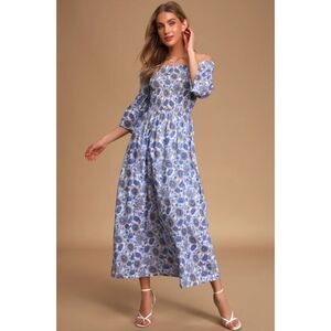 Sunny Bliss Blue Multi Floral Print Off-the-Shoulder Maxi Dress Size Small